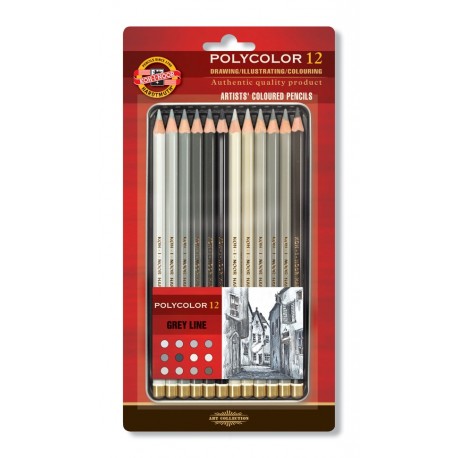 Цветные карандаши Koh-i-noor Polycolor Grey Line, серые оттенки. 12 цветов, металлическая коробка